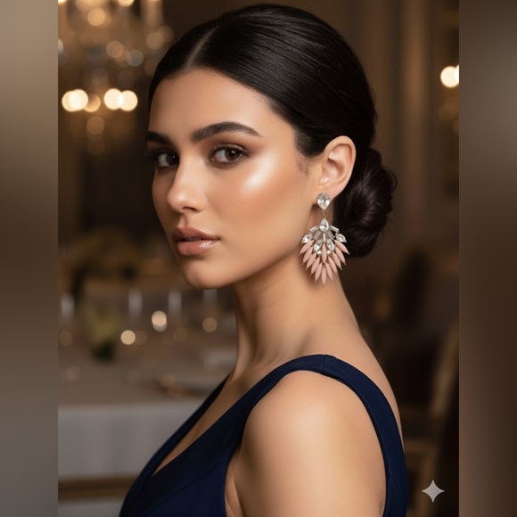 Chandelier Earrings Blush Pink & Crystal - Picture 5 of 6